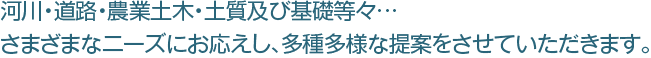 河川・道路・農業土木・土質及び基礎等々…さまざまなニーズにお応えし、多種多様な提案をさせていただきます。